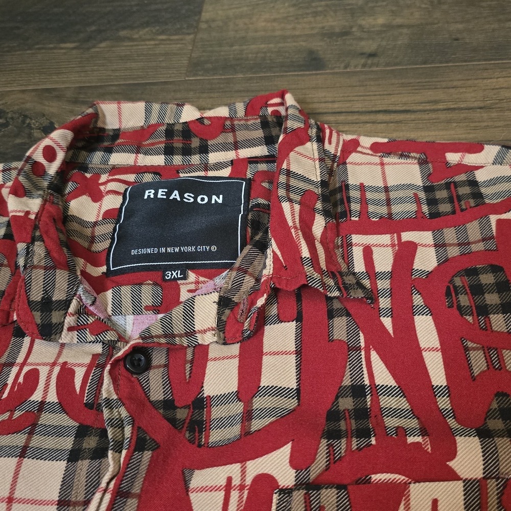 Reason Tartan Plaid Shirt Men's 3XL Brown Viscose Long‎ Sleeve Button Down